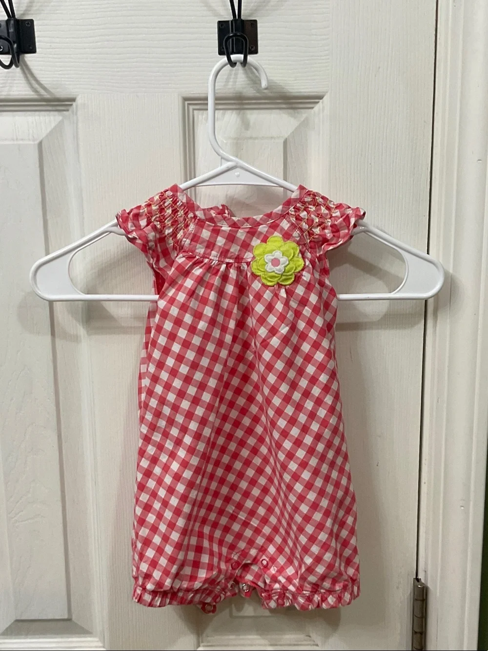 Carter's Red and White Gingham Baby Romper with Flower Stitch
